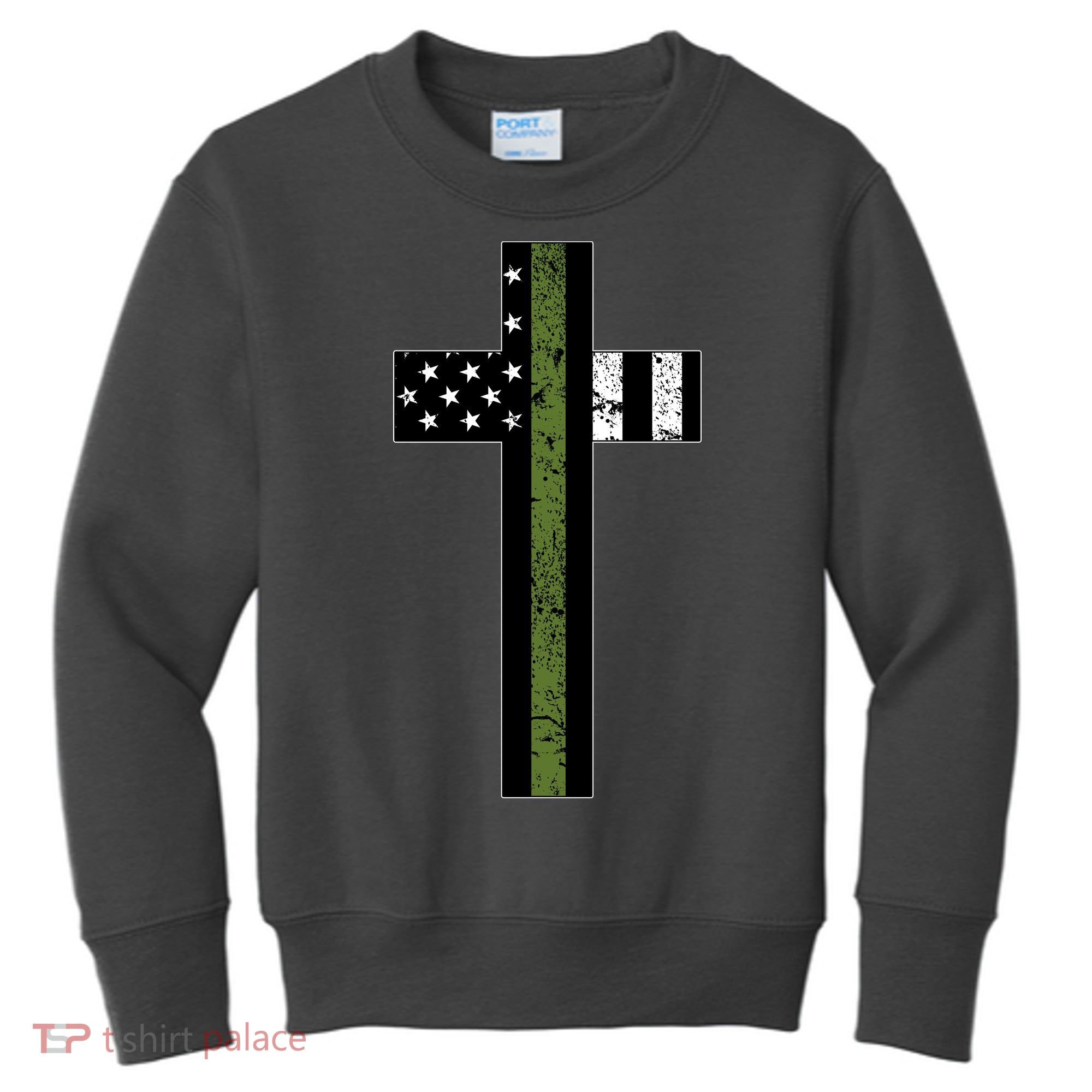 Thin Green Line Cross Military Kids Sweatshirt
