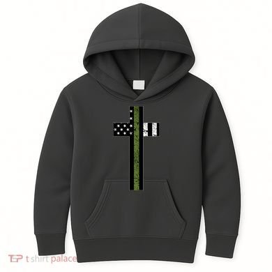 Thin Green Line Cross Military Kids Hoodie