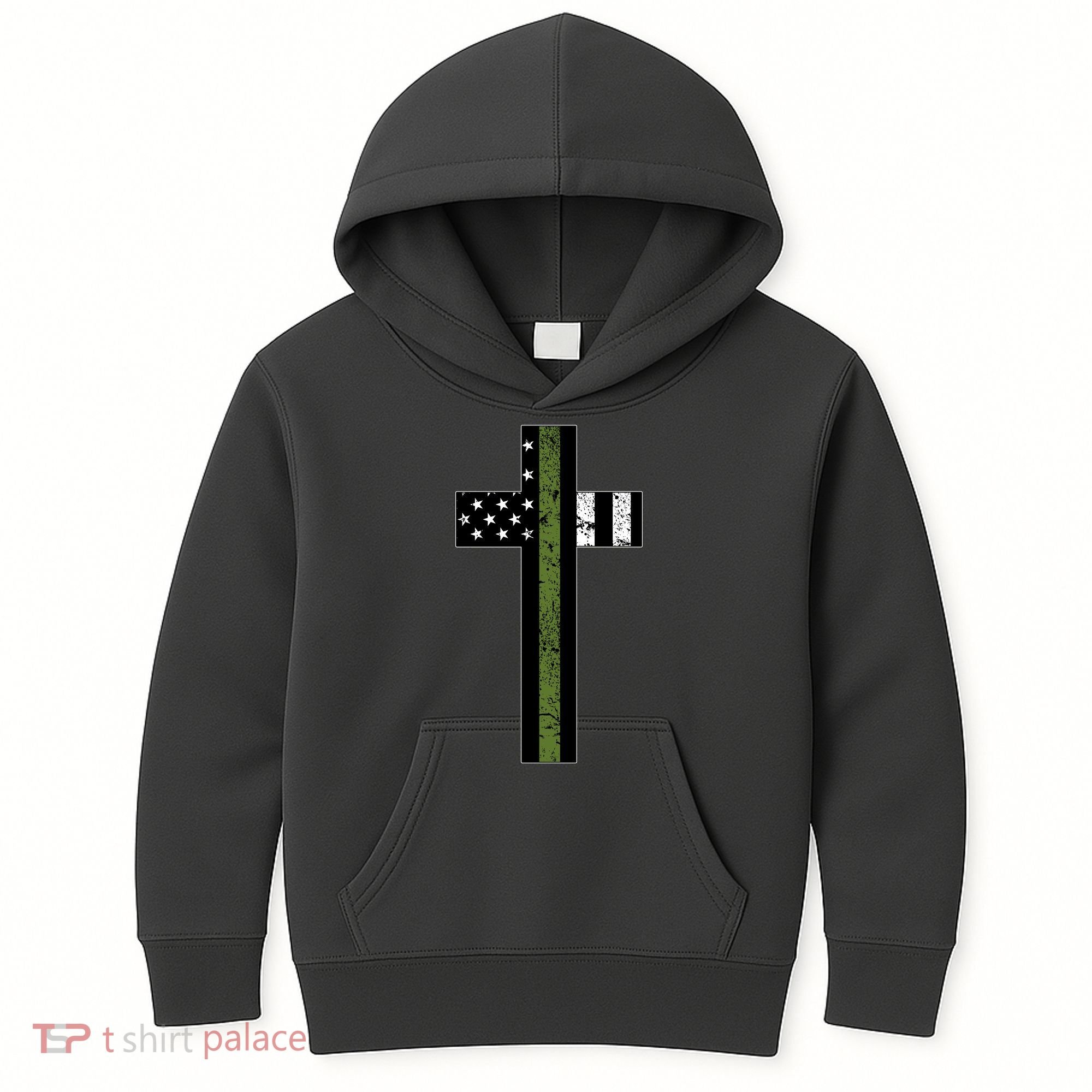 Thin Green Line Cross Military Kids Hoodie