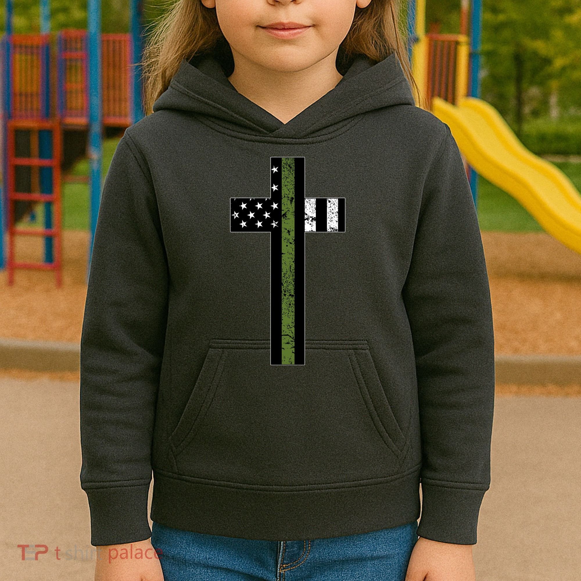Thin Green Line Cross Military Kids Hoodie