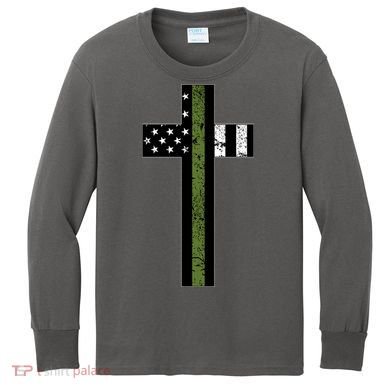 Thin Green Line Cross Military Kids Long Sleeve Shirt