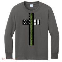 Thin Green Line Cross Military Kids Long Sleeve Shirt thumb 0