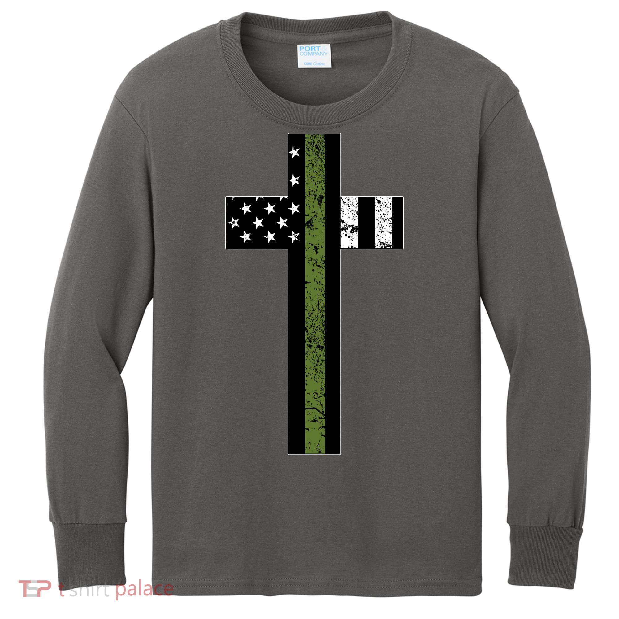 Thin Green Line Cross Military Kids Long Sleeve Shirt