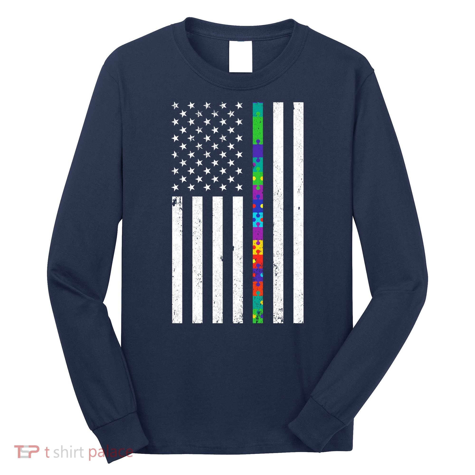 Thin Puzzle Line Autism Flag Long Sleeve Shirt