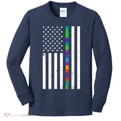 Thin Puzzle Line Autism Flag Kids Long Sleeve Shirt