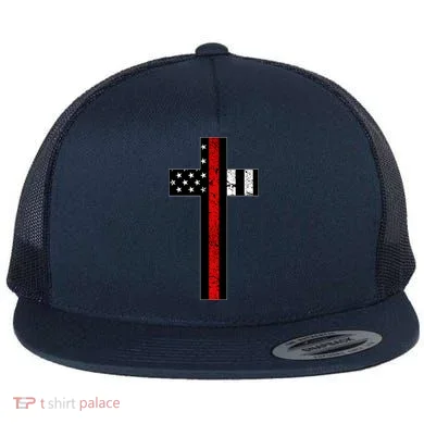 Thin Red Line Cross Firefighter Flat Bill Trucker Hat