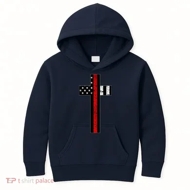 Thin Red Line Cross Firefighter Kids Hoodie