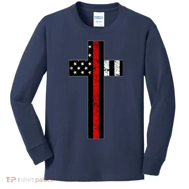 Thin Red Line Cross Firefighter Kids Long Sleeve Shirt
