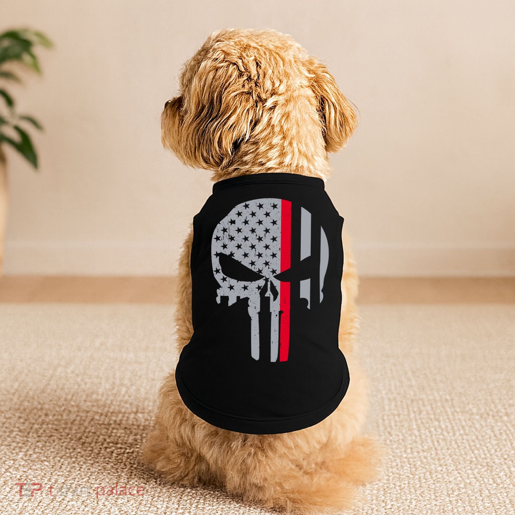 Thin Red Line Skull USA Firefighter Flag Doggie Tank