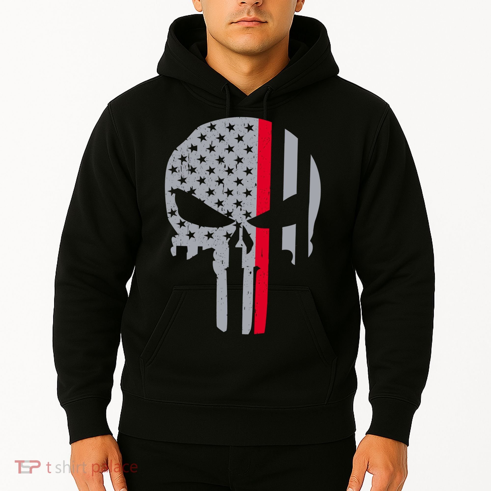 Thin Red Line Skull USA Firefighter Flag Hoodie