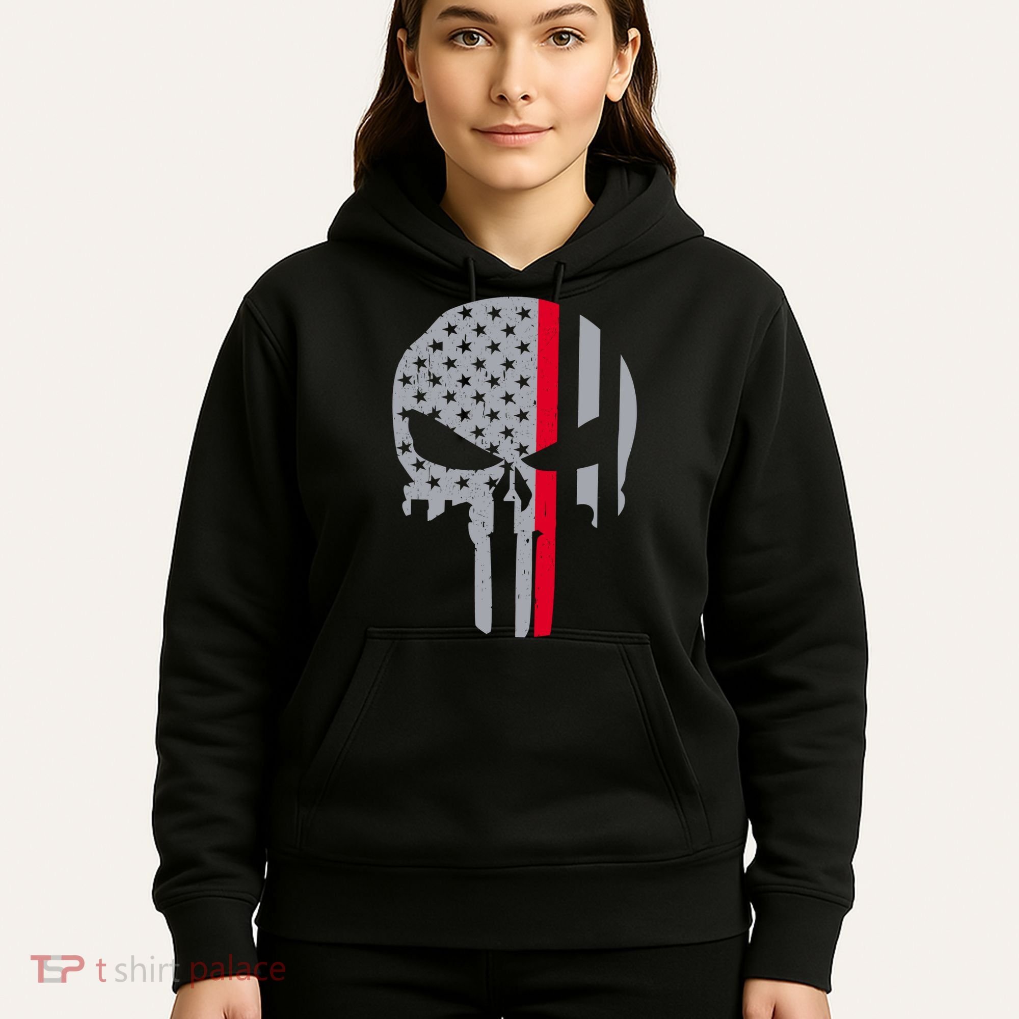 Thin Red Line Skull USA Firefighter Flag Hoodie