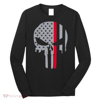 Thin Red Line Skull USA Firefighter Flag Long Sleeve Shirt