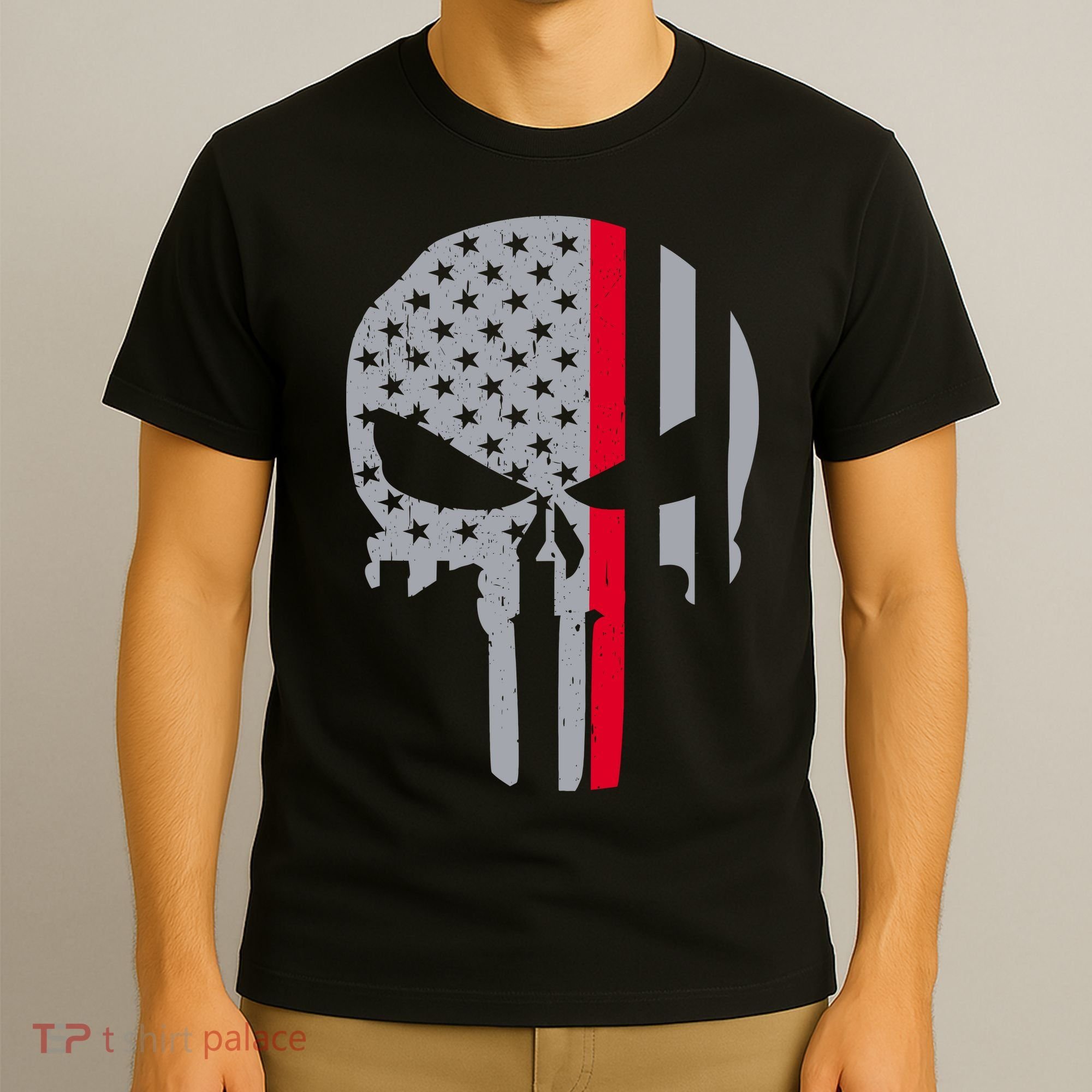Thin Red Line Skull USA Firefighter Flag T-Shirt