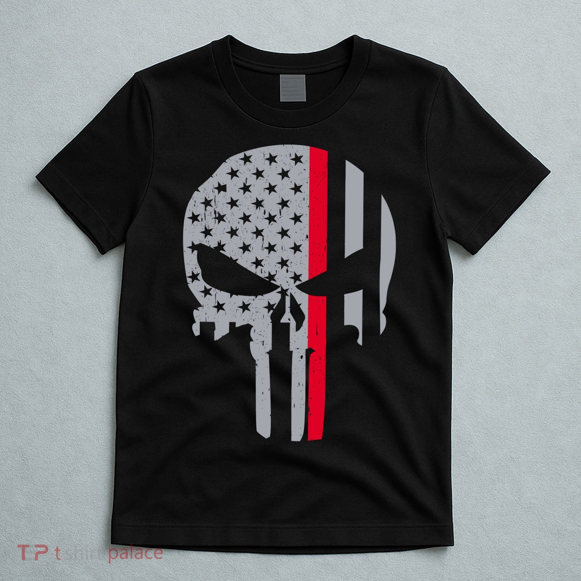 Thin Red Line Skull USA Firefighter Flag T-Shirt