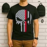 Thin Red Line Skull USA Firefighter Flag T-Shirt thumb 6