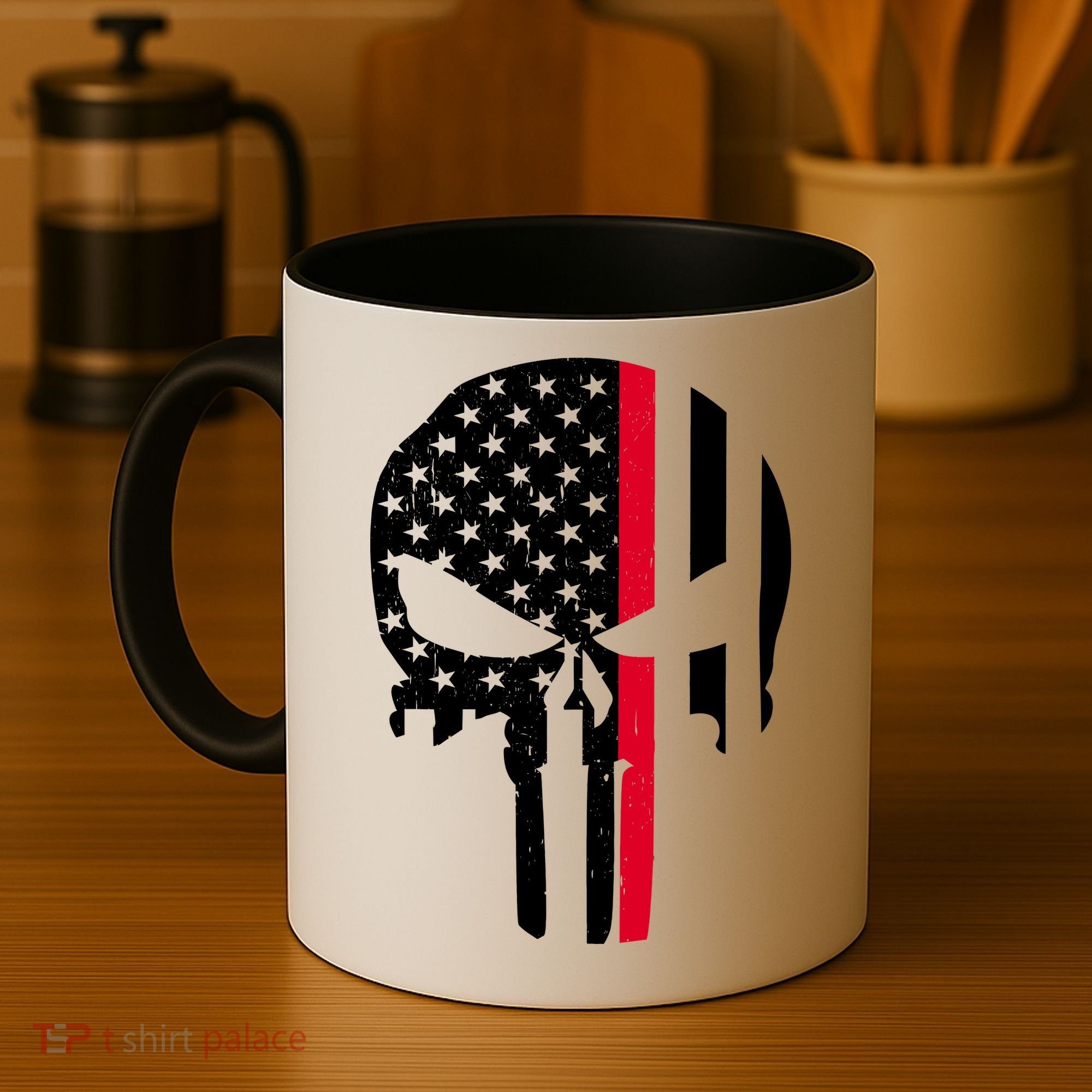 Thin Red Line Skull USA Firefighter Flag Coffee Mug