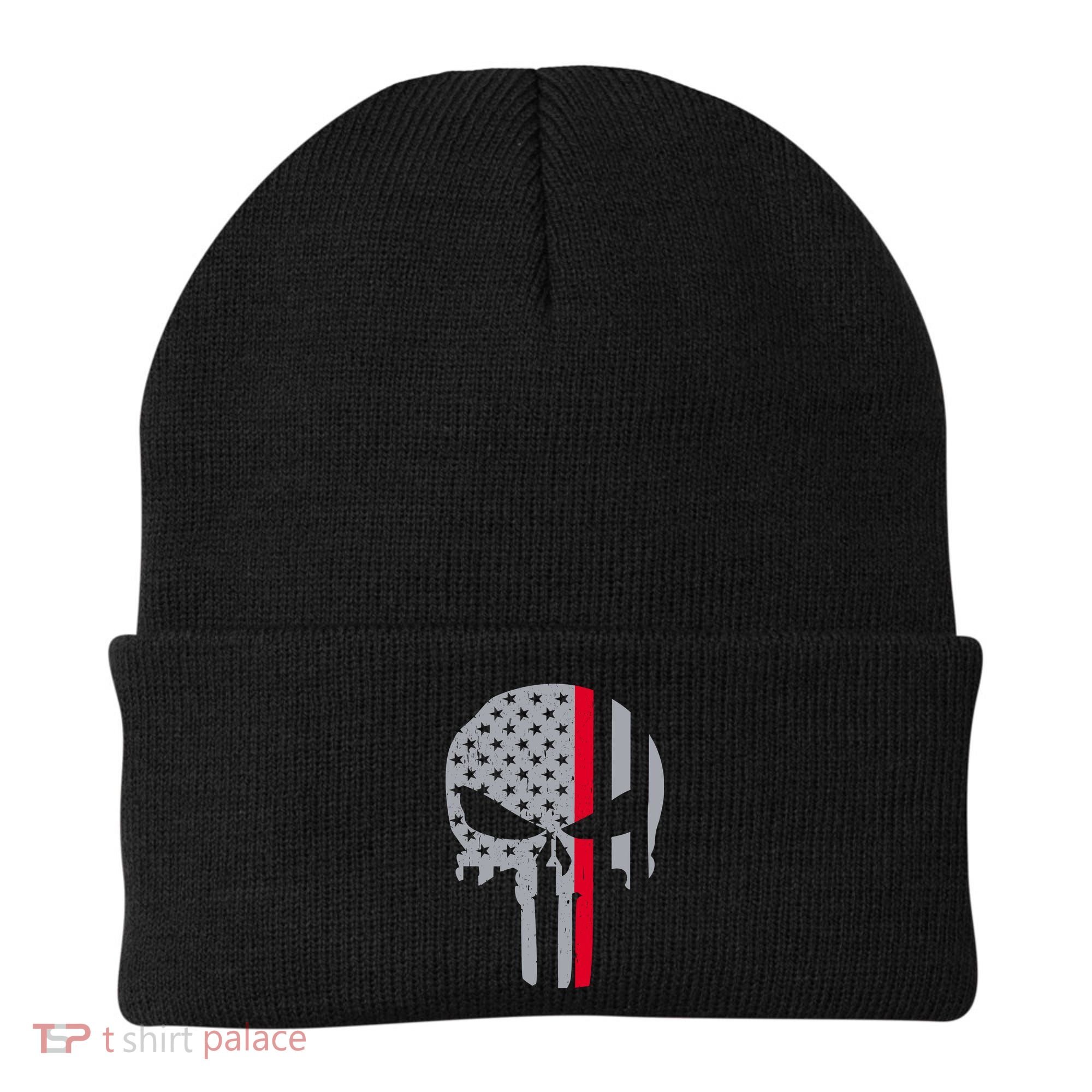 Thin Red Line Skull USA Firefighter Flag Beanie