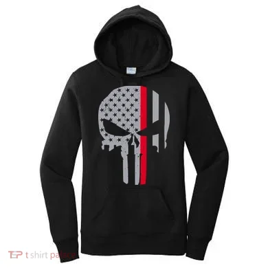 Thin Red Line Skull USA Firefighter Flag Women's Hoodie