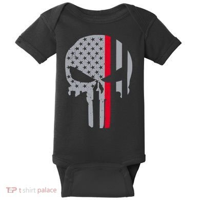 Thin Red Line Skull USA Firefighter Flag Baby Bodysuit