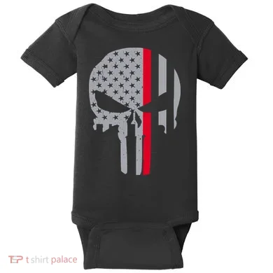 Thin Red Line Skull USA Firefighter Flag Baby Bodysuit