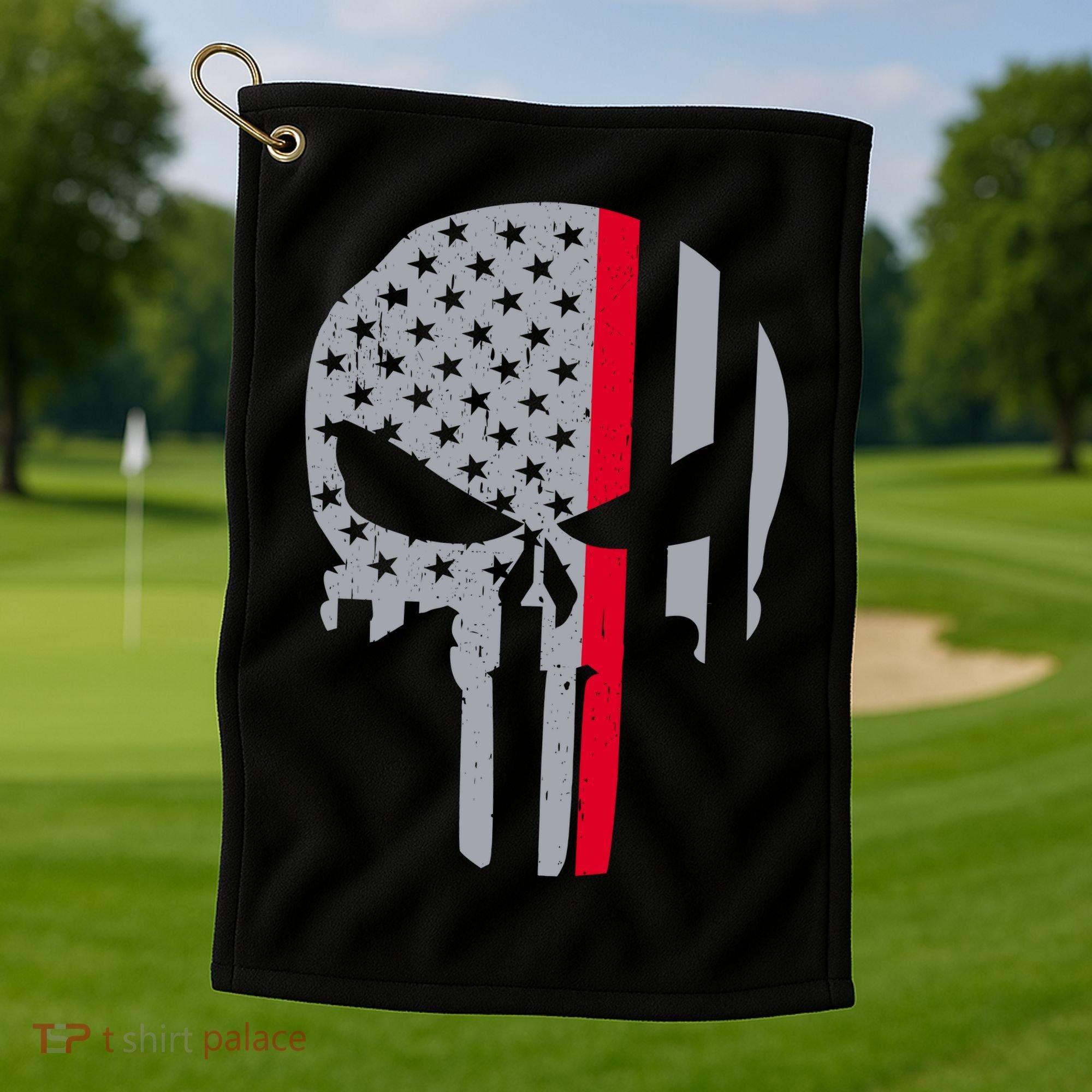 Thin Red Line Skull USA Firefighter Flag Golf Towel
