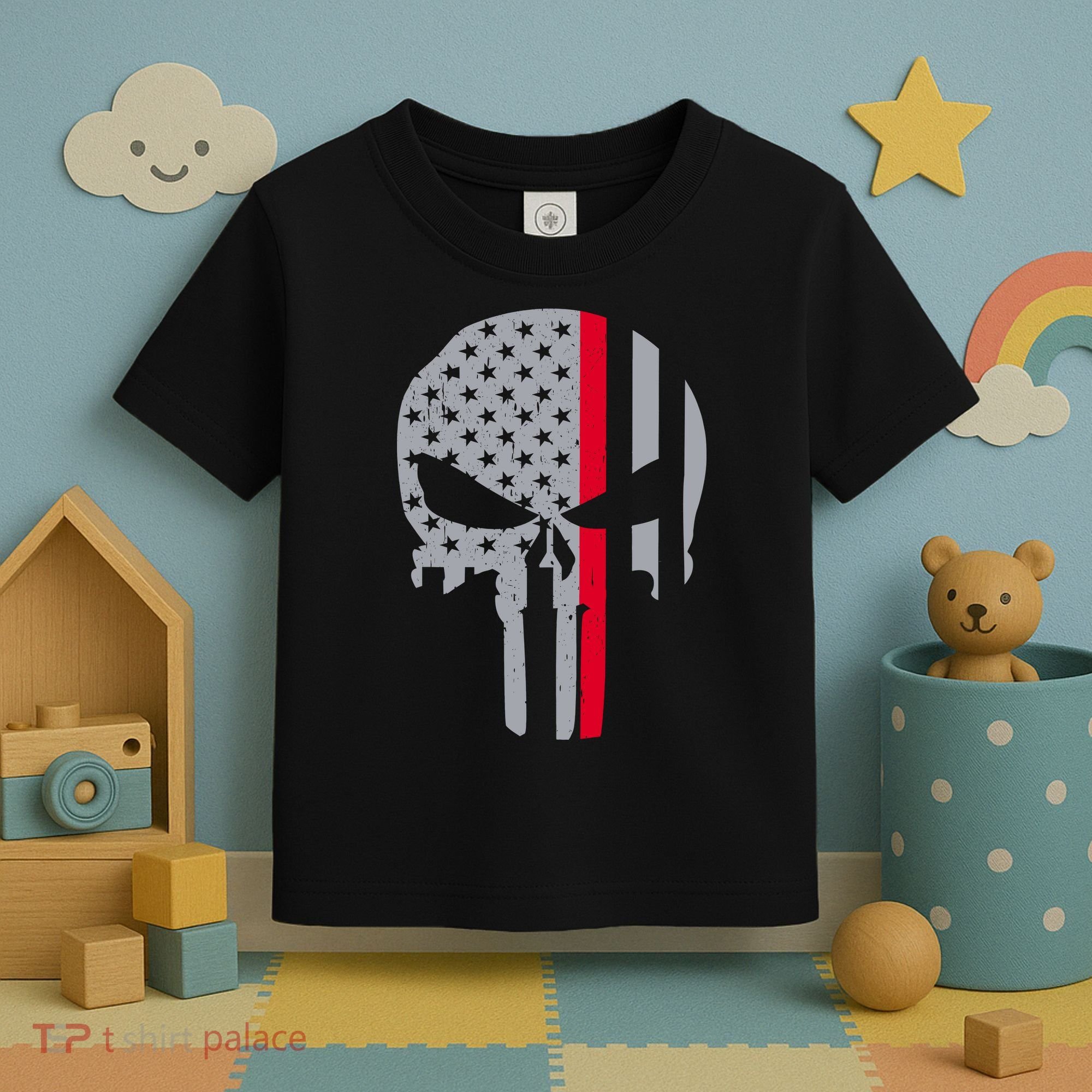 Thin Red Line Skull USA Firefighter Flag Toddler T-Shirt