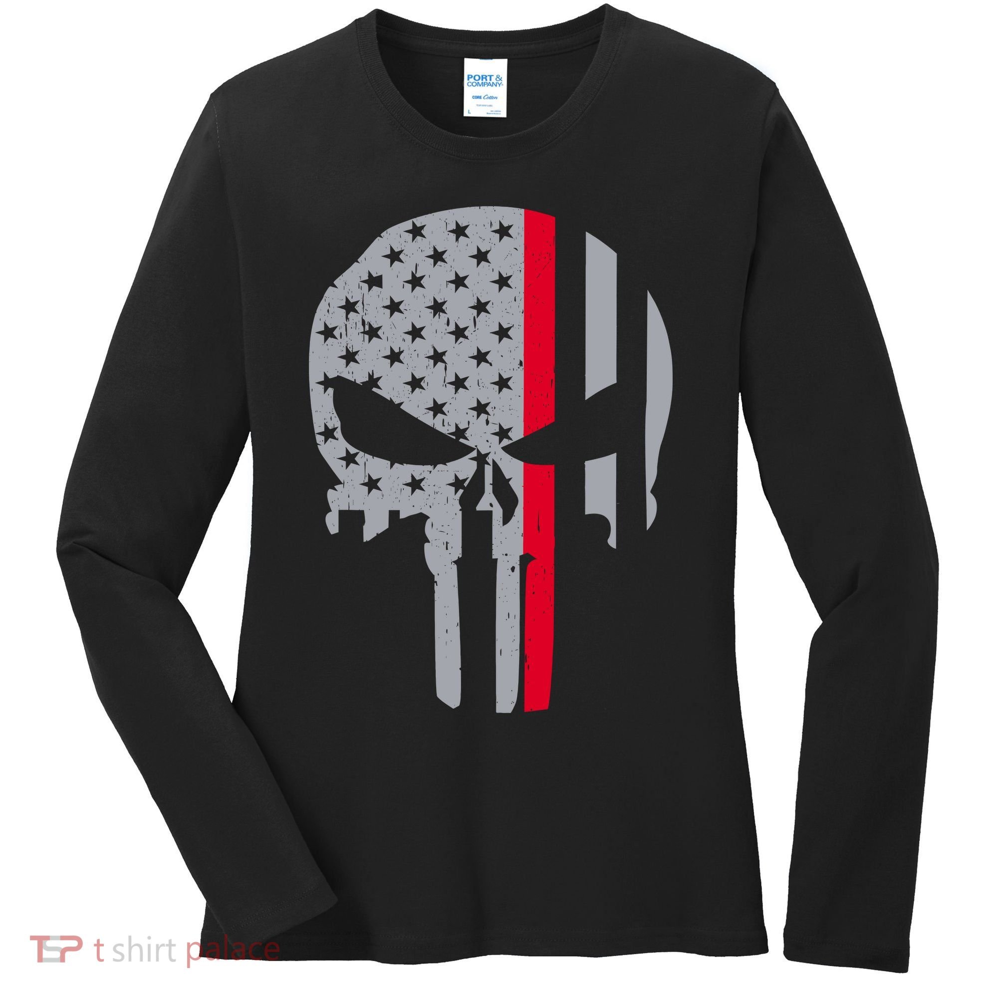 Thin Red Line Skull USA Firefighter Flag Women's Long Sleeve Shirt