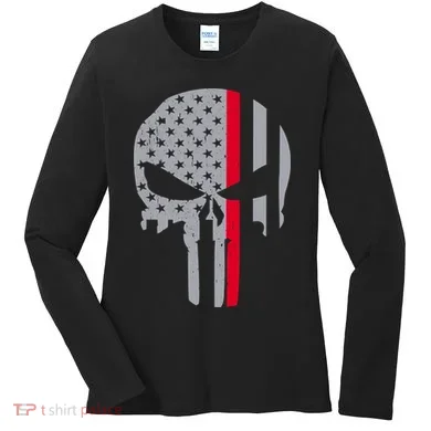 Thin Red Line Skull USA Firefighter Flag Women's Long Sleeve Shirt