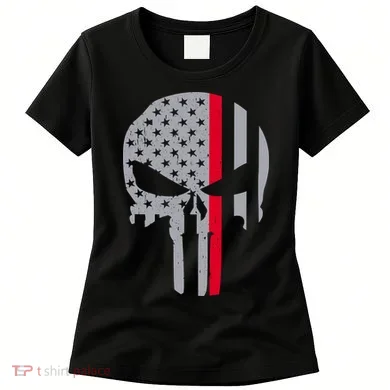 Thin Red Line Skull USA Firefighter Flag Women's T-Shirt