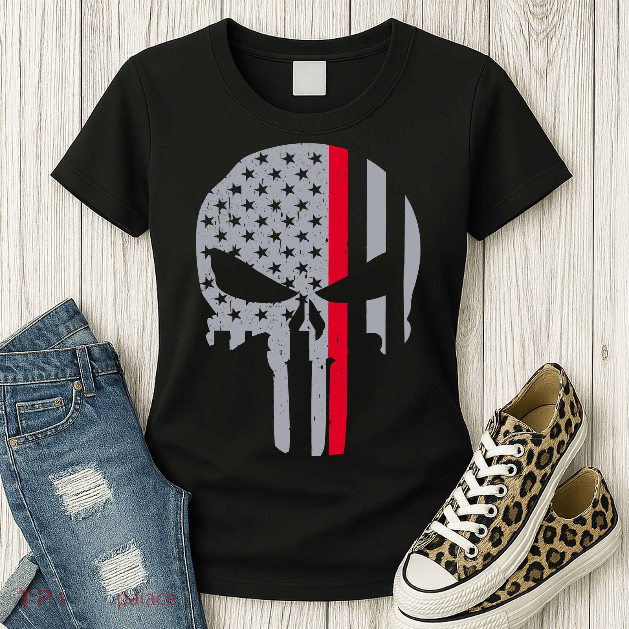 Thin Red Line Skull USA Firefighter Flag Women's T-Shirt