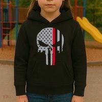 Thin Red Line Skull USA Firefighter Flag Kids Hoodie thumb 3