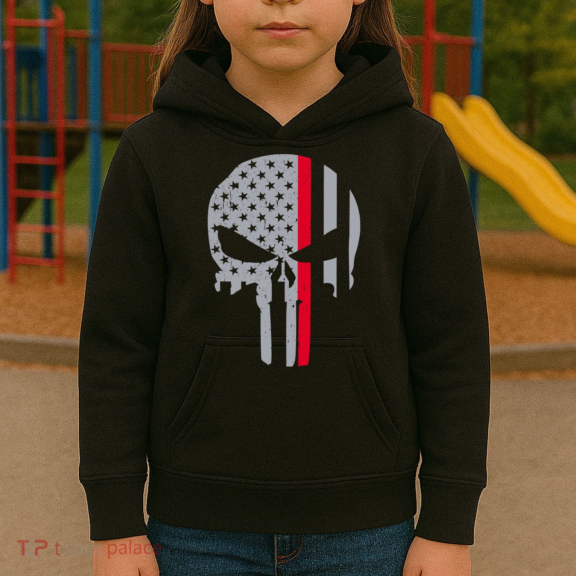 Thin Red Line Skull USA Firefighter Flag Kids Hoodie