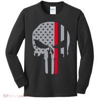 Thin Red Line Skull USA Firefighter Flag Kids Long Sleeve Shirt thumb 0
