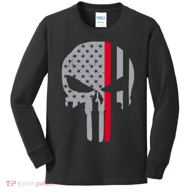 Thin Red Line Skull USA Firefighter Flag Kids Long Sleeve Shirt