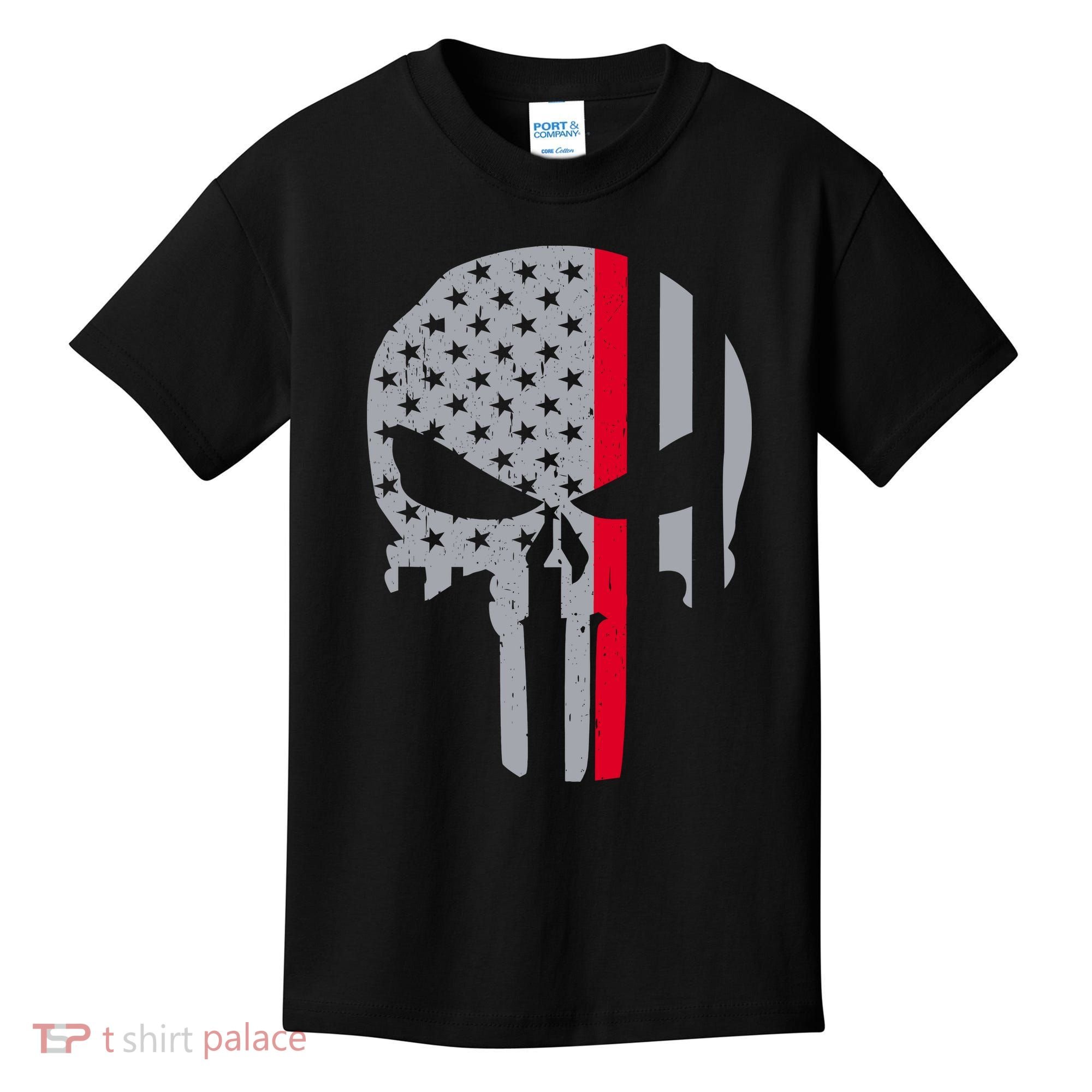 Thin Red Line Skull USA Firefighter Flag Kids T-Shirt