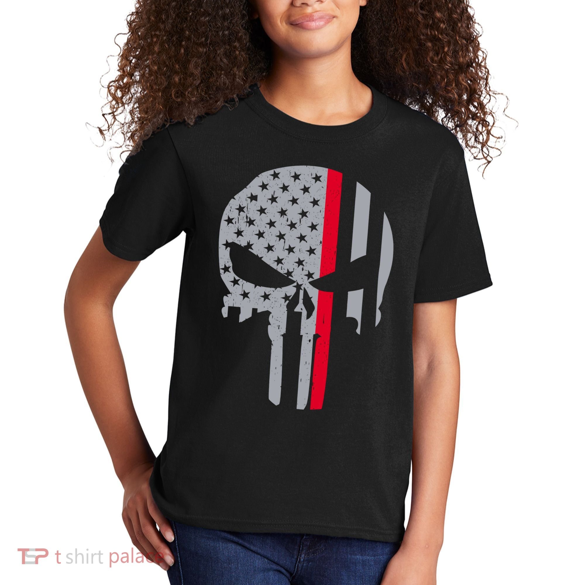 Thin Red Line Skull USA Firefighter Flag Kids T-Shirt