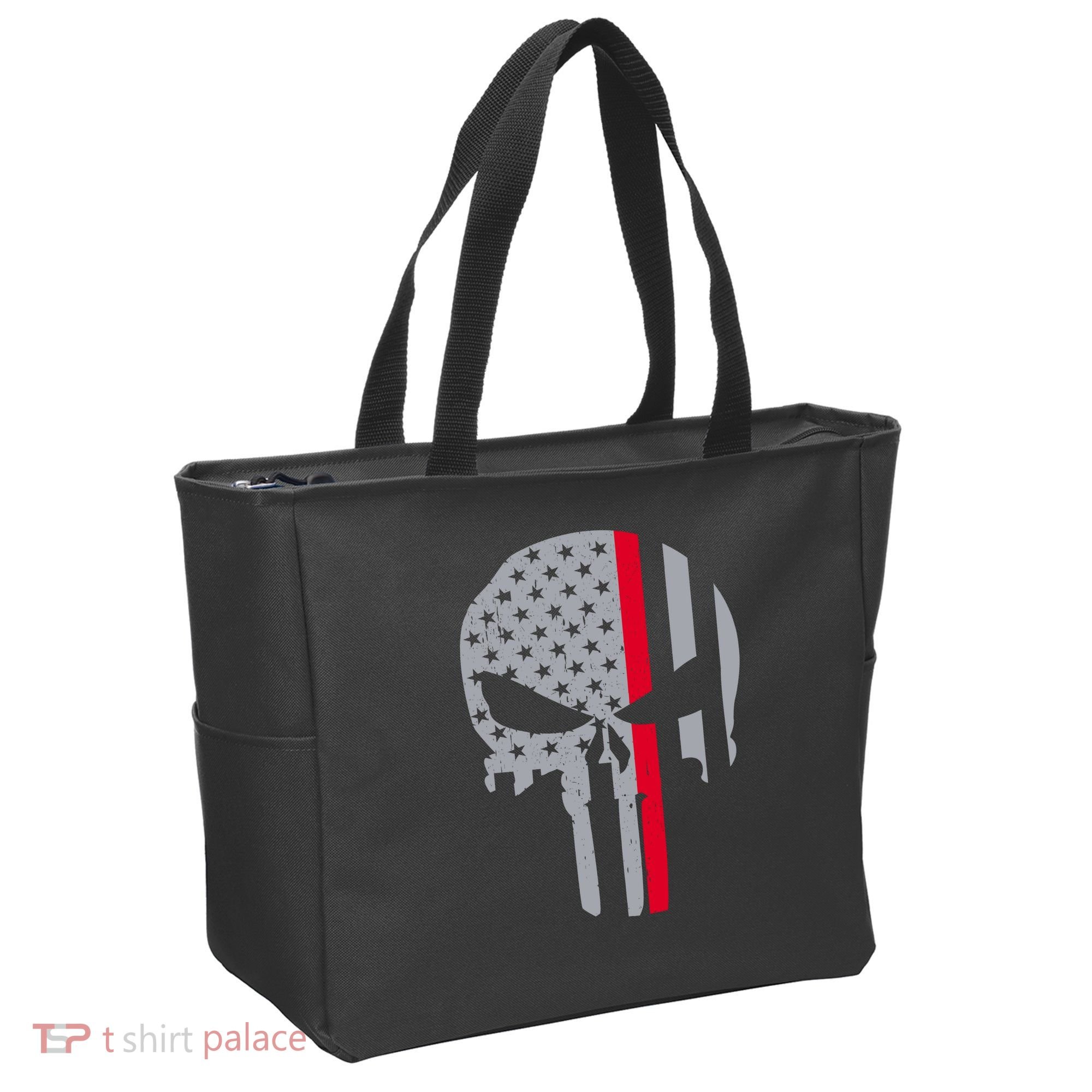 Thin Red Line Skull USA Firefighter Flag Tote Bag