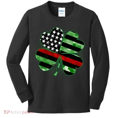 Thin Red Line St Patrick's Day Irish Clover Kids Long Sleeve Shirt