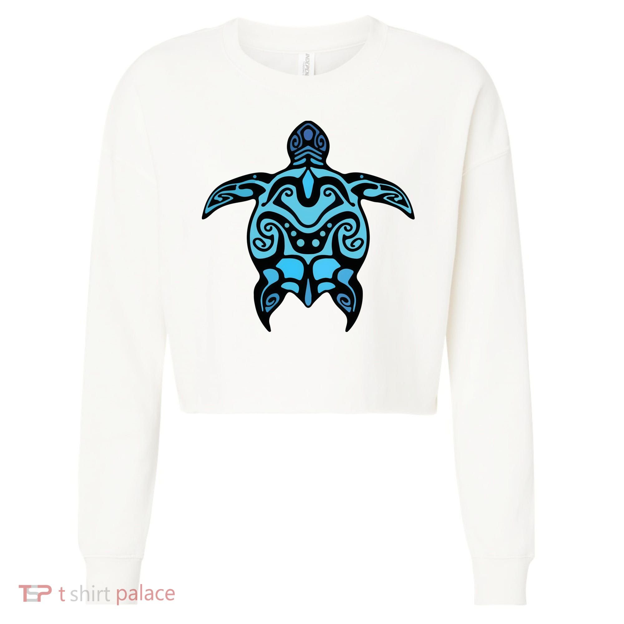Tribal Hawaiian Maori Sun Sea Turtle 2Sided Cropped Pullover Crew