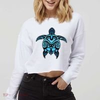 Tribal Hawaiian Maori Sun Sea Turtle 2Sided Cropped Pullover Crew thumb 2