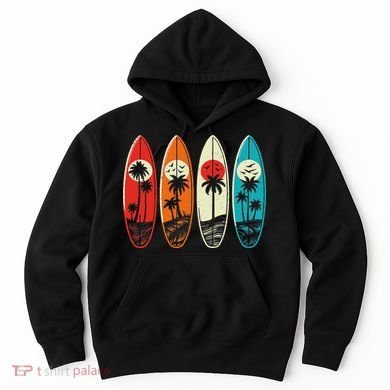 Tropical Hawaii Palm Surfing Beach Surfboard Retro Surf Hoodie