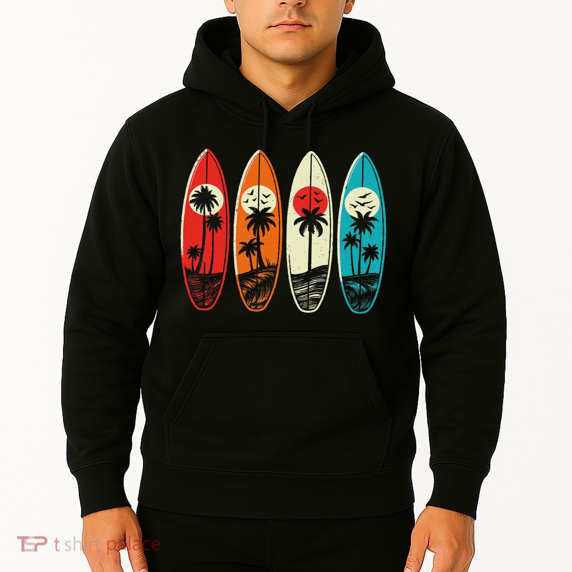 Tropical Hawaii Palm Surfing Beach Surfboard Retro Surf Hoodie
