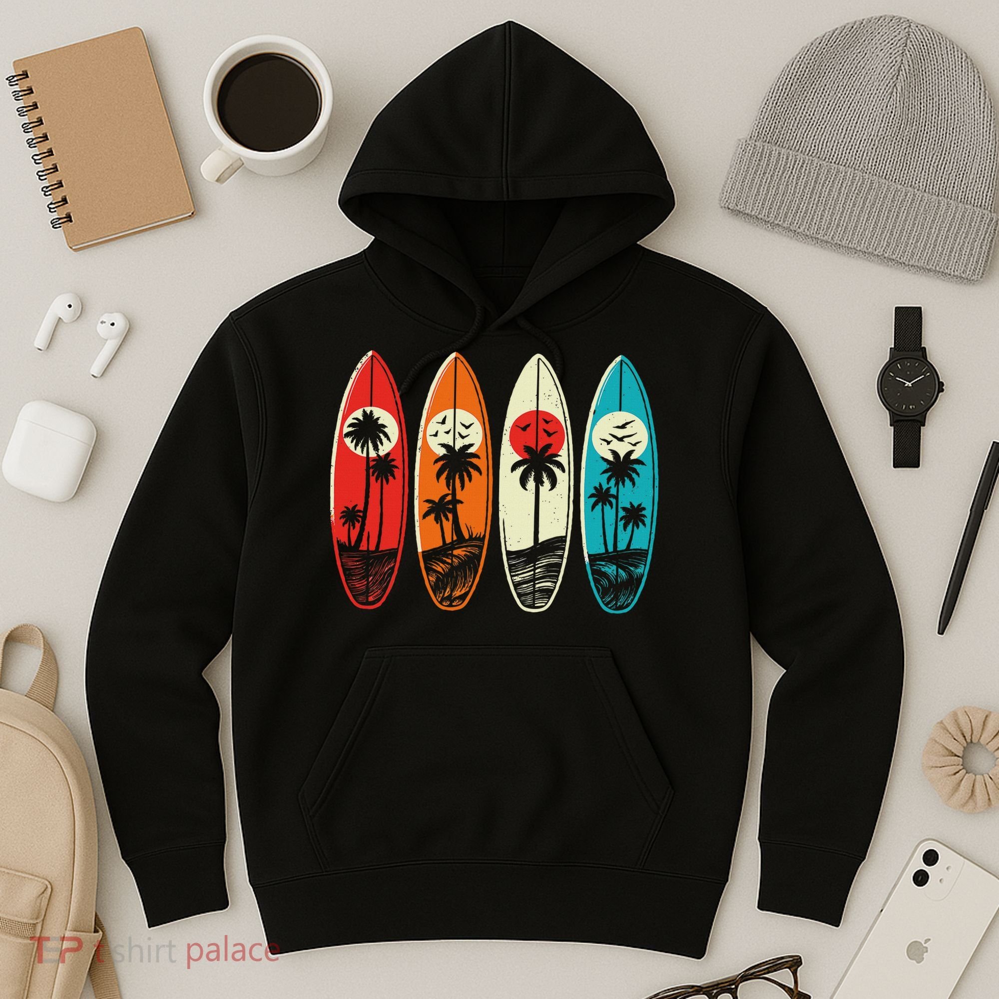 Tropical Hawaii Palm Surfing Beach Surfboard Retro Surf Hoodie