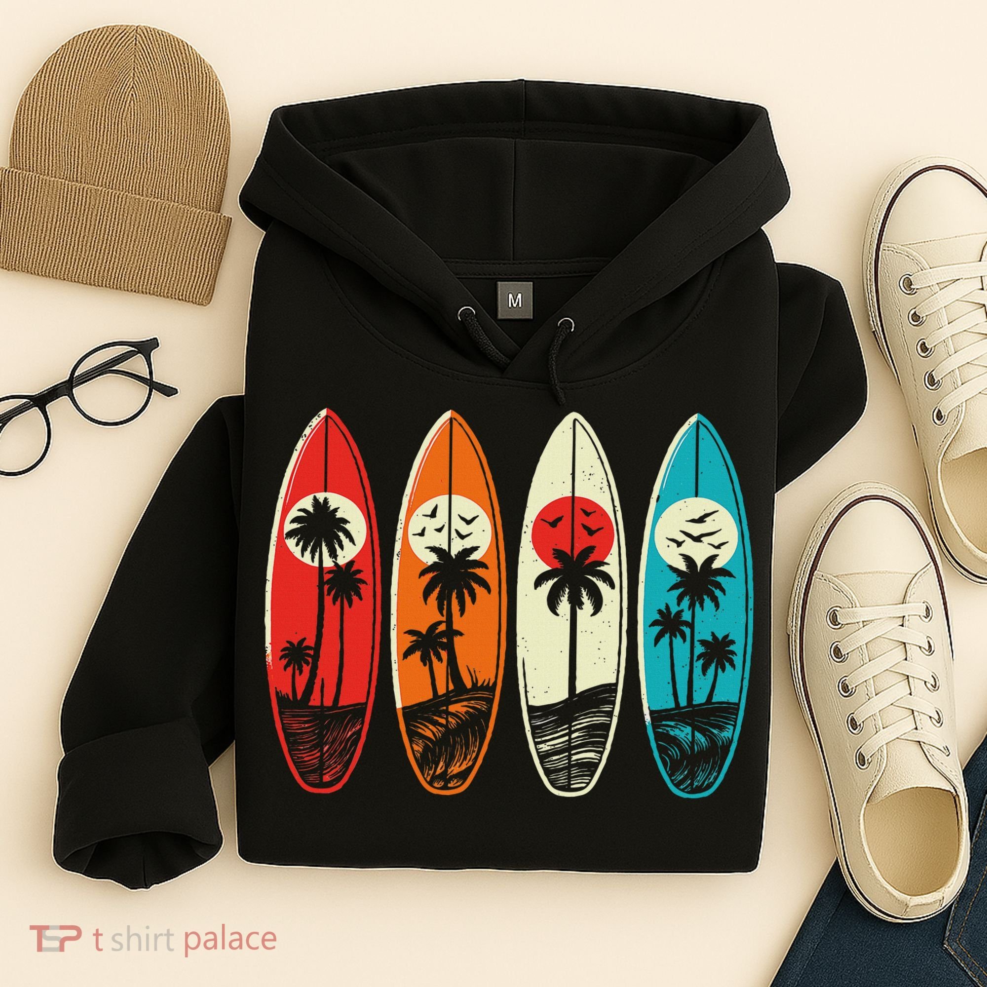 Tropical Hawaii Palm Surfing Beach Surfboard Retro Surf Hoodie