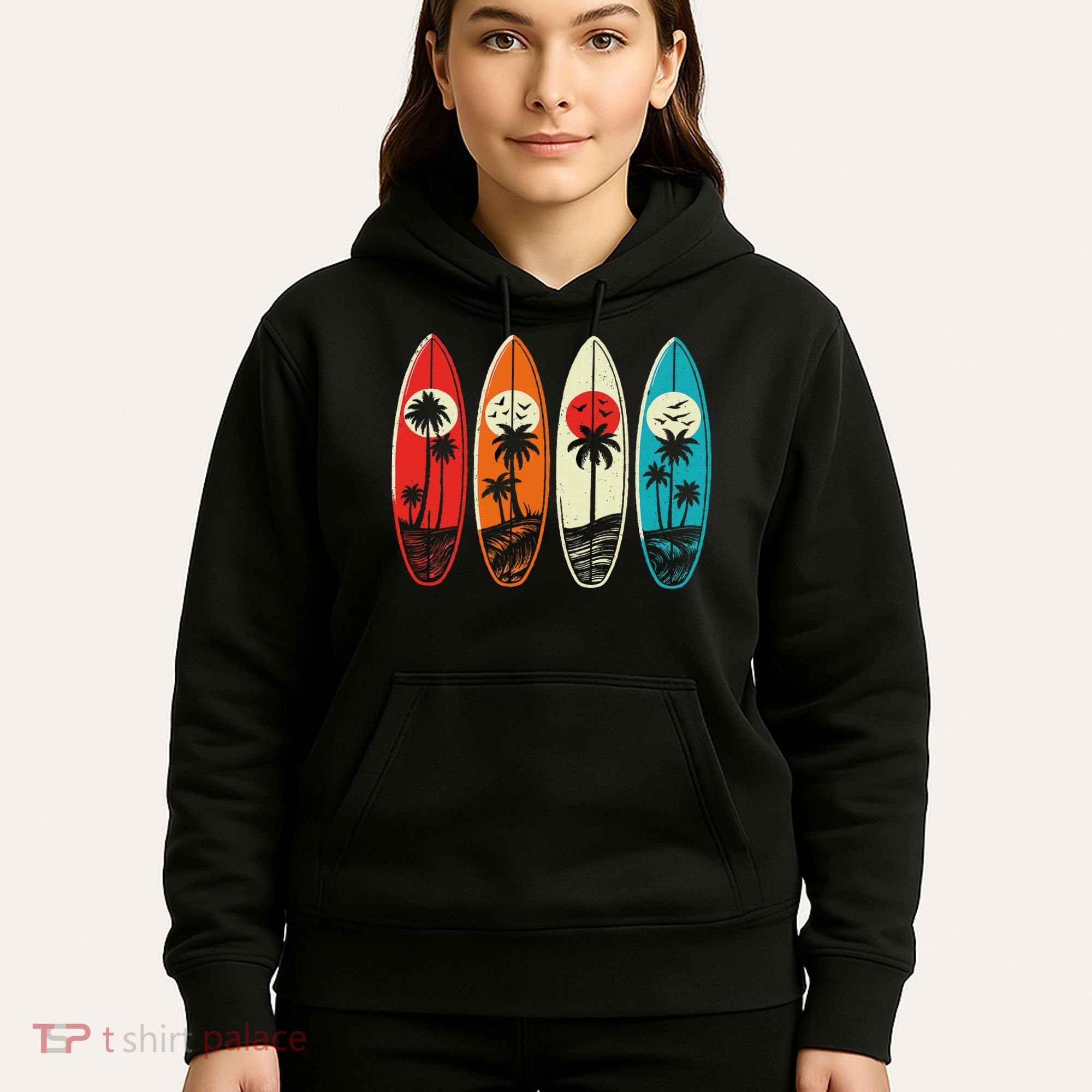 Tropical Hawaii Palm Surfing Beach Surfboard Retro Surf Hoodie