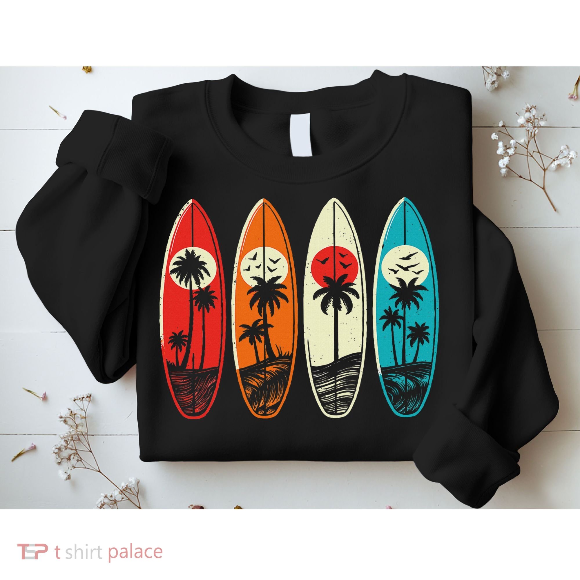 Tropical Hawaii Palm Surfing Beach Surfboard Retro Surf Sweatshirt