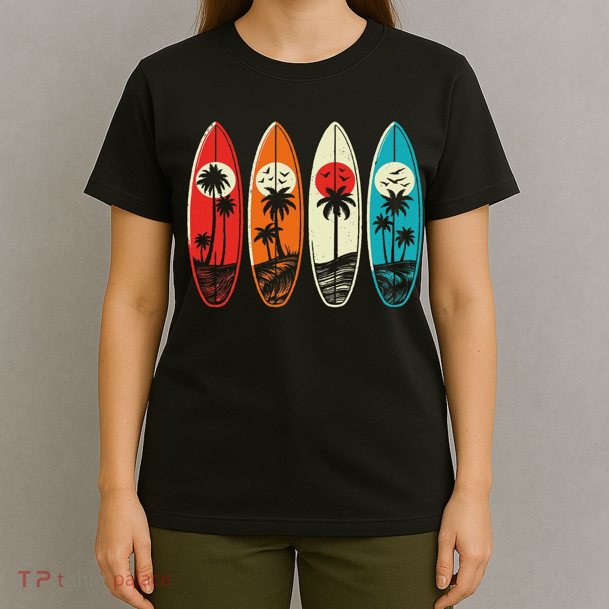Tropical Hawaii Palm Surfing Beach Surfboard Retro Surf T-Shirt