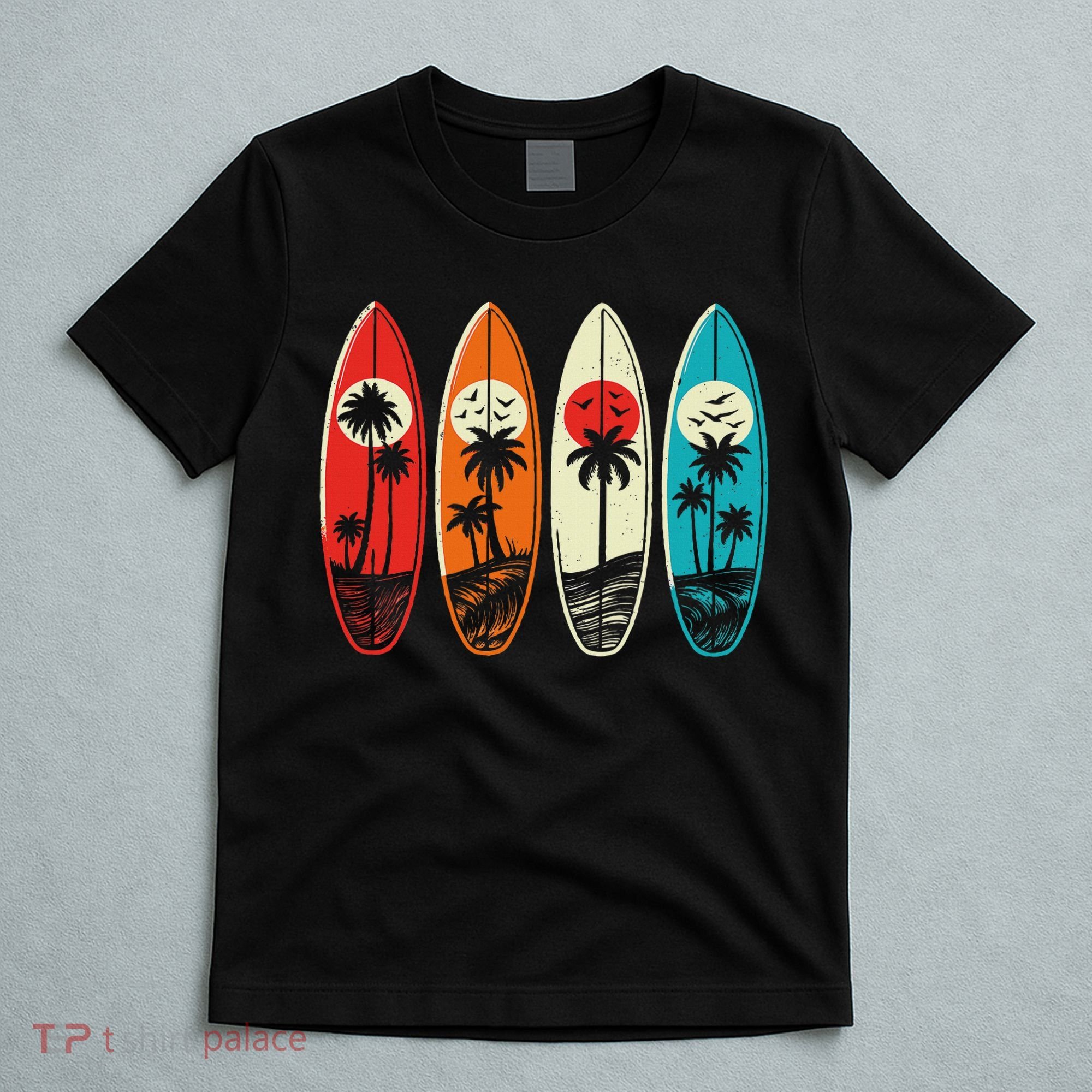 Tropical Hawaii Palm Surfing Beach Surfboard Retro Surf T-Shirt