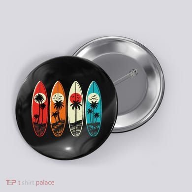 Tropical Hawaii Palm Surfing Beach Surfboard Retro Surf Button