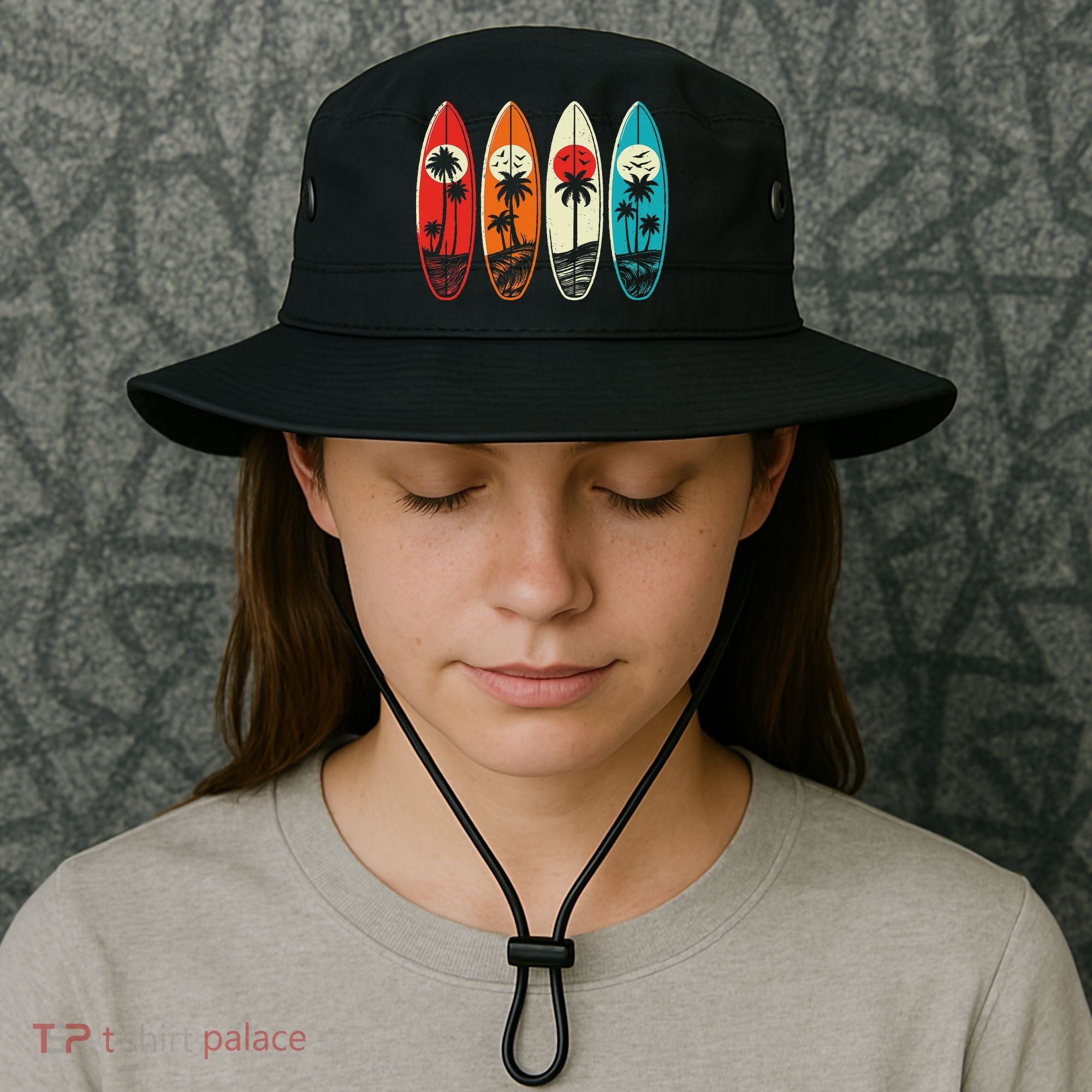 Tropical Hawaii Palm Surfing Beach Surfboard Retro Surf Bucket Hat